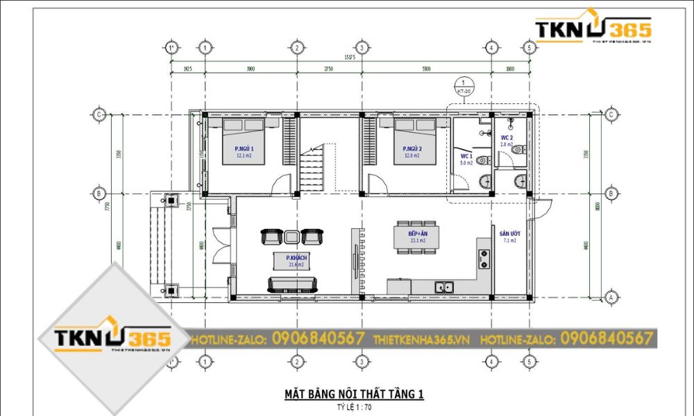 Mặt bằng tầng 1 nhà 2 tầng 4 phòng ngủ 120m2