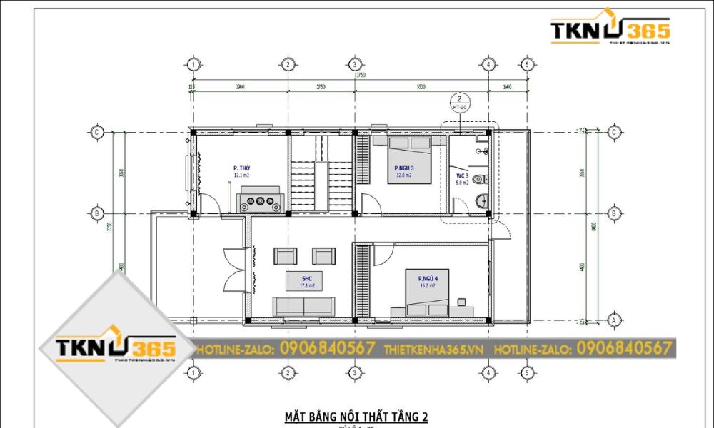 Mặt bằng tầng 2 nhà 2 tầng 4 phòng ngủ 120m2