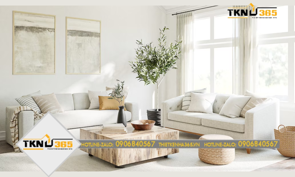 Không gian phòng khách rộng rãi, được bài trí với sofa vải, đồ nội thất gỗ, cây xanh, cửa sổ sát đất và những tấm tranh treo tường tinh tế, đẳng cấp