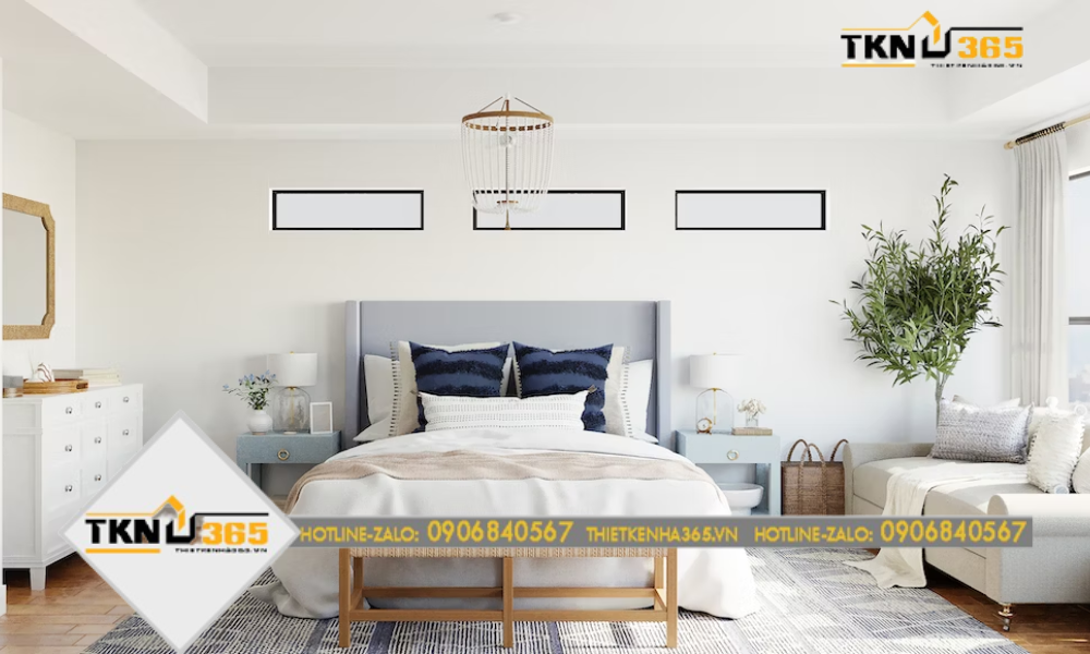 Một chiếc giường ngủ với tông màu pastel, được bày trí giữa không gian phòng ngủ xinh đẹp, tạo cảm giác thoải mái và dễ chịu