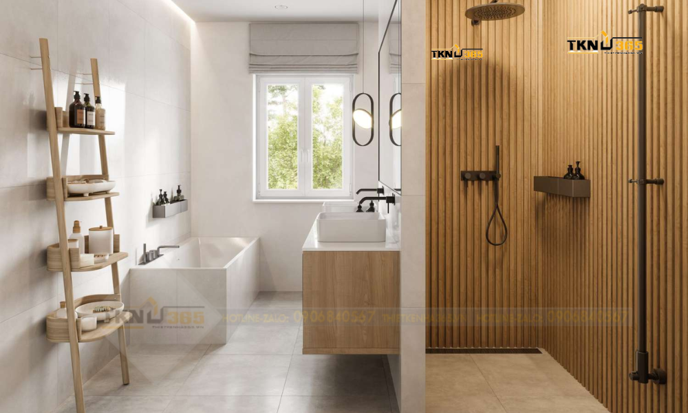 Phòng tắm này được thiết kế với tông màu nâu, tủ lavabo và kệ đồ bằng gỗ, gian tắm đứng cũng được ốp gỗ sang trọng và gần gũi với thiên nhiên