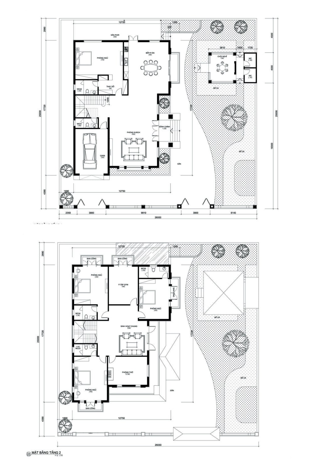 Mặt bằng nhà 2 tầng 4 phòng ngủ 140m2