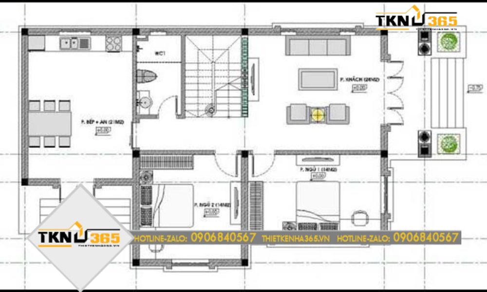 Bản vẽ tầng 1 nhà 2 tầng 4 phòng ngủ diện tích 5x20