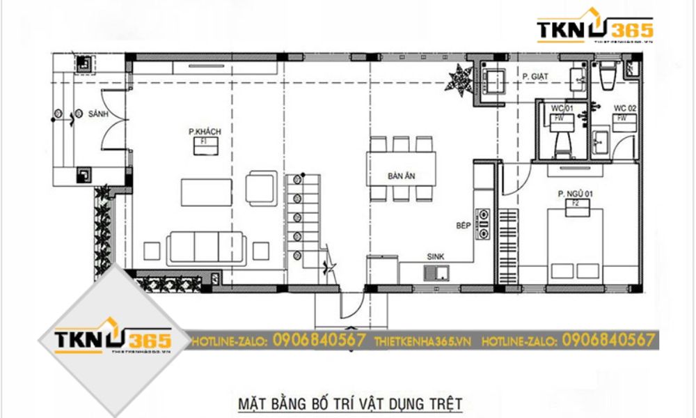 Mặt bằng bố trí công năng tầng trệt nhà hiện đại 2 tầng 4 phòng ngủ