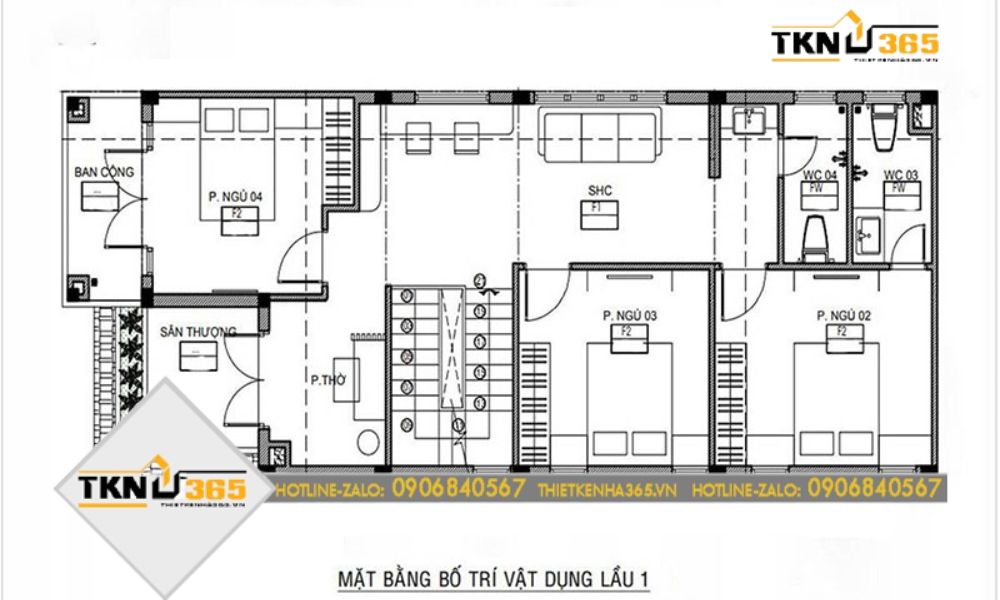 Mặt bằng bố trí công năng tầng 2 nhà hiện đại 2 tầng 4 phòng ngủ