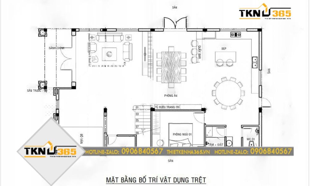 Mặt bằng bố trí tầng trệt nhà 700 triệu 2 tầng 4 phòng ngủ