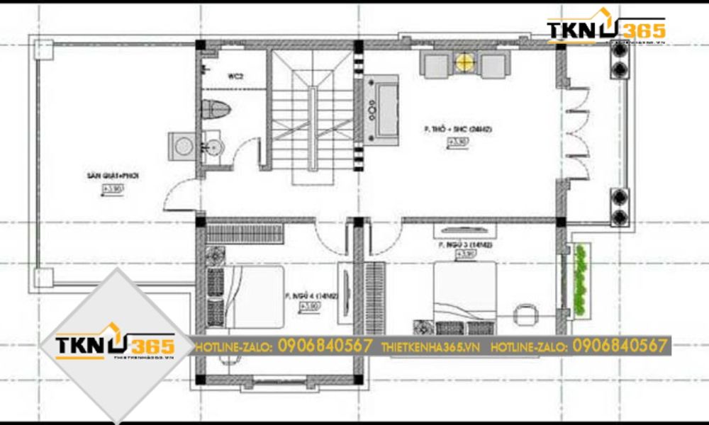 Bản vẽ tầng 2 nhà 2 tầng 4 phòng ngủ diện tích 5x20