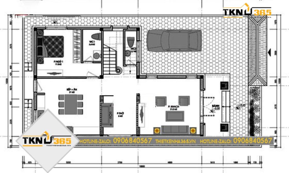 Bản vẽ tầng 1 nhà 8m mặt tiền 2 tầng 4 phòng ngủ