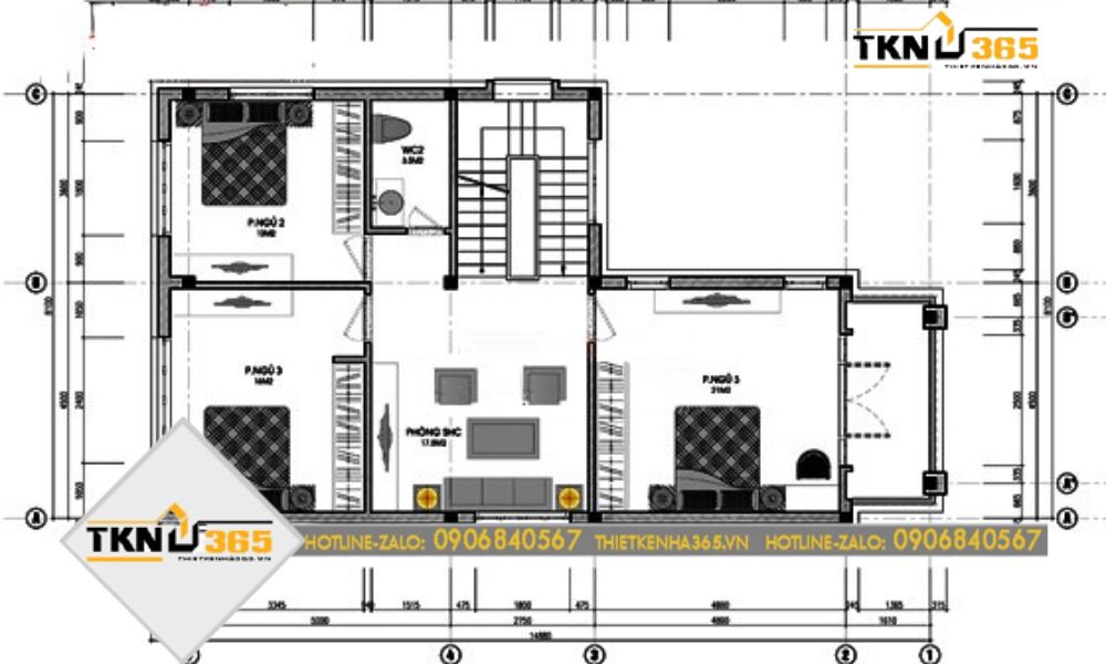 Bản vẽ tầng 2 nhà 8m mặt tiền 2 tầng 4 phòng ngủ