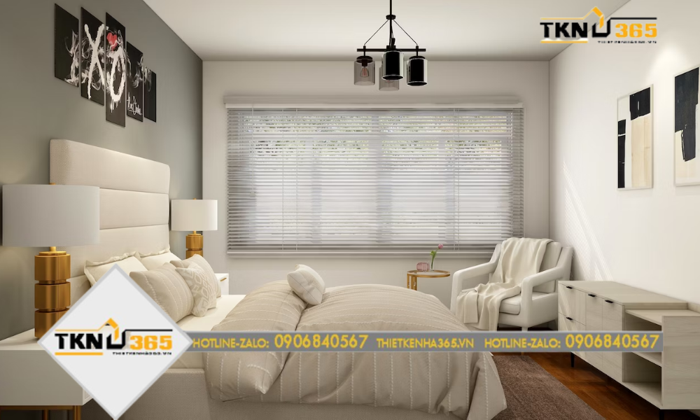 Phòng ngủ này được thiết kế với màu sắc nhẹ nhàng và trang trí đơn giản nhưng rất tinh tế