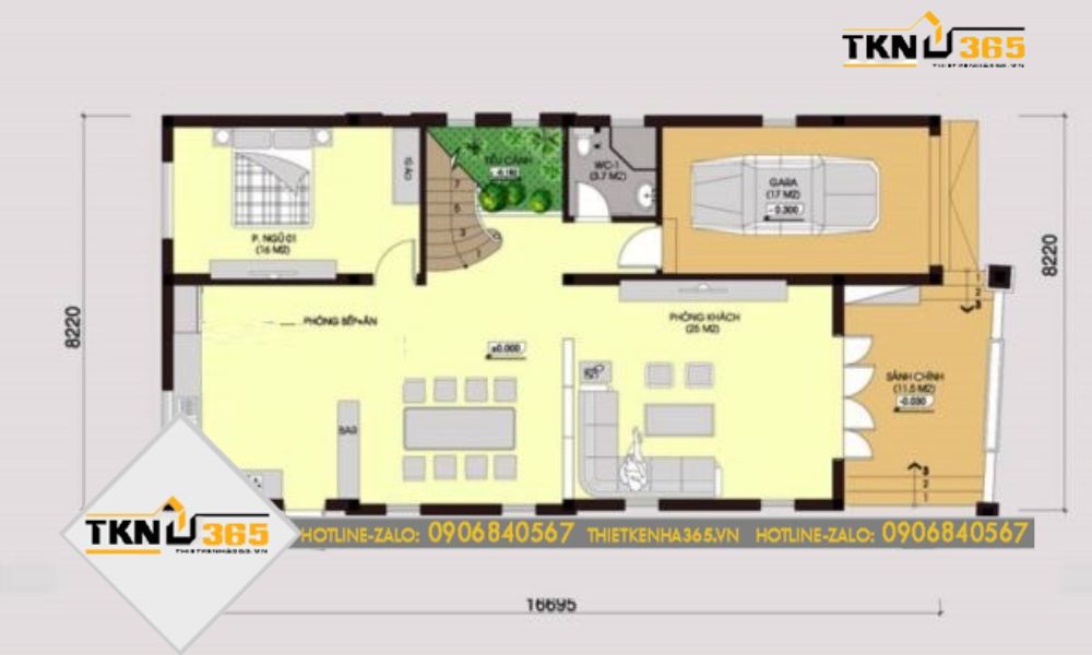 Bản vẽ tầng 1 nhà biệt thự có gara 2 tầng 4 phòng ngủ