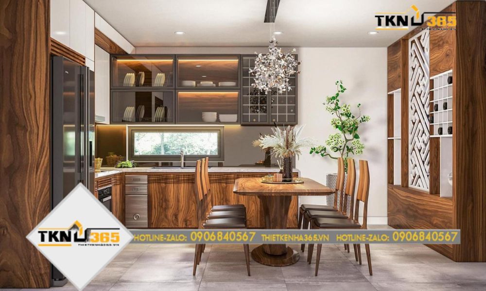 Nhà bếp dùng đèn trần hình hoa làm và trồng thêm cây xanh để không gian giàu sức sống hơn