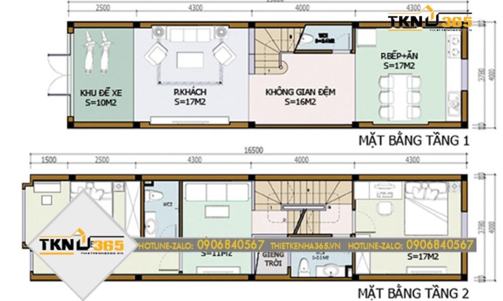 Bản vẽ nhà 2 tầng 3 phòng ngủ 60m2