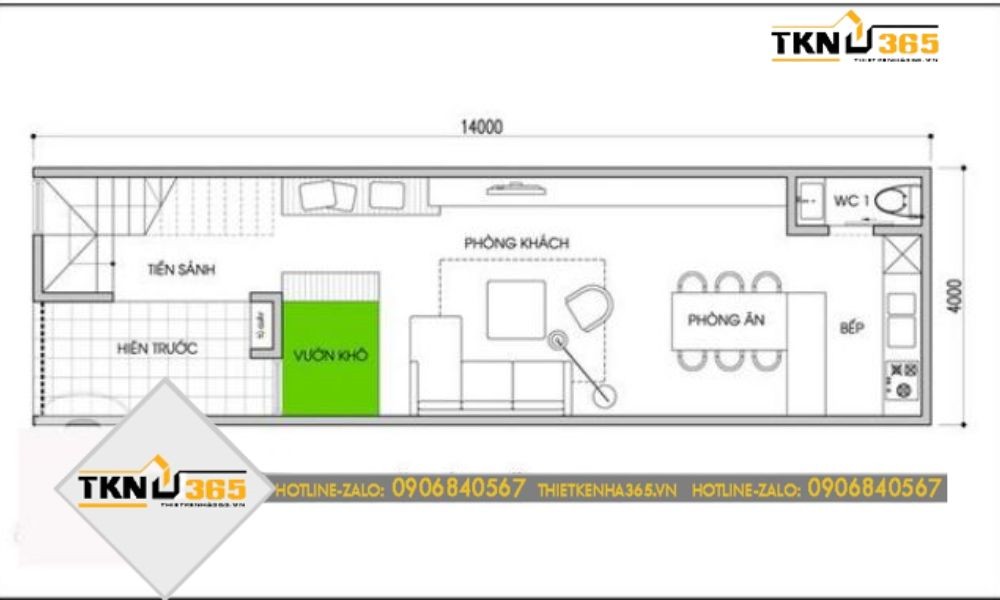 Bản vẽ tầng 1 thiết kế nhà 2 tầng 4x15 3 phòng ngủ