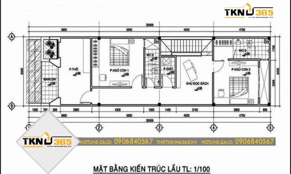 Bản vẽ thiết kế công năng tầng 2 nhà 4x16 2 tầng 3 phòng ngủ