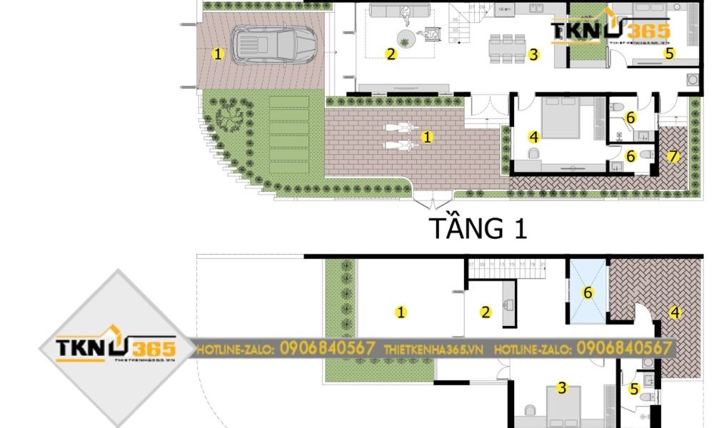 Bản vẽ nhà thiết kế 2 tầng 3 phòng ngủ với vườn xanh mát