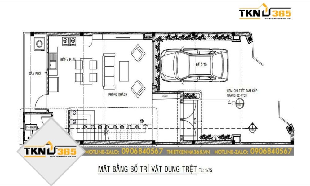 Bản vẽ tầng trệt nhà thiết kế 2 tầng 3 phòng ngủ có gara