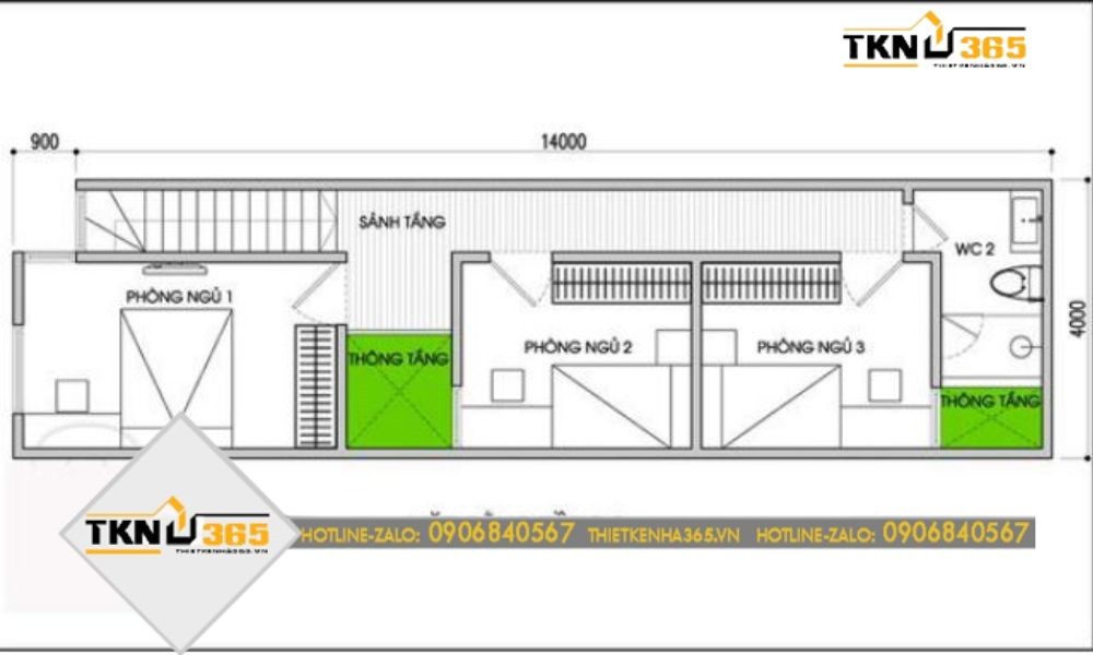 Bản vẽ tầng 2 nhà 2 tầng 3 phòng ngủ 4x15 tiện nghi