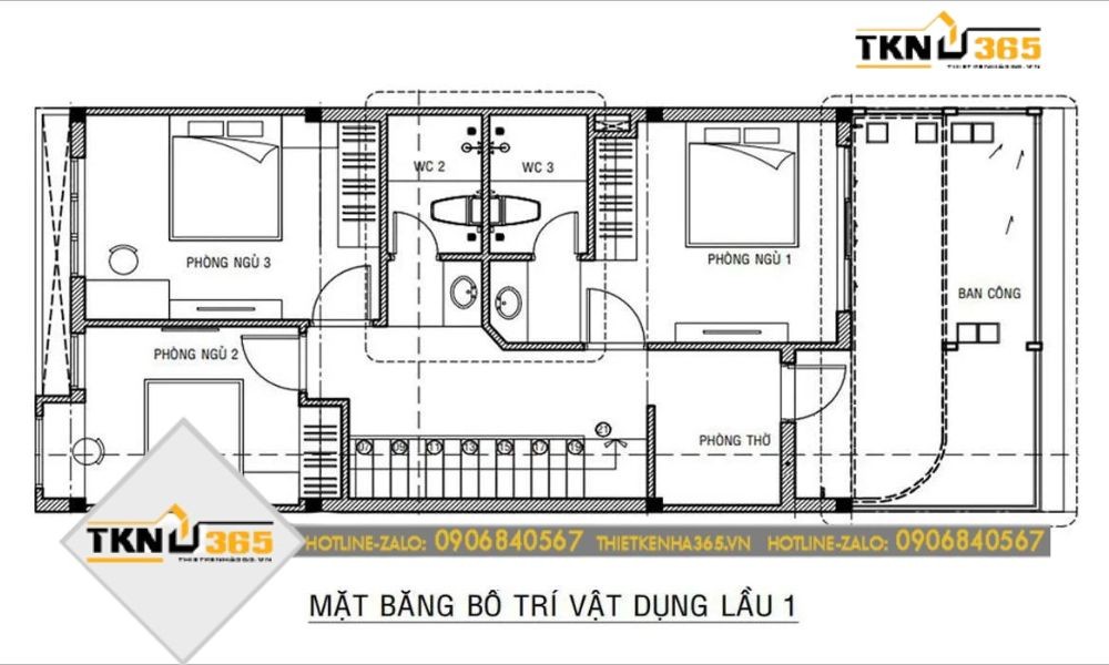 Bản vẽ tầng trên nhà 2 tầng thiết kế 3 phòng ngủ có gara