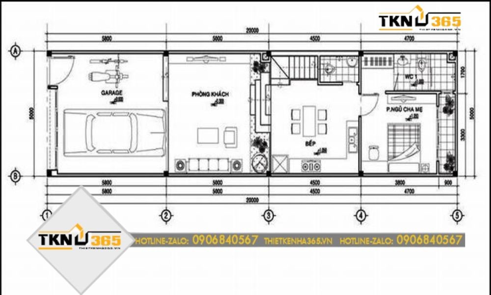 Bản vẽ thiết kế công năng tầng 1 nhà 4x16 2 tầng 3 phòng ngủ