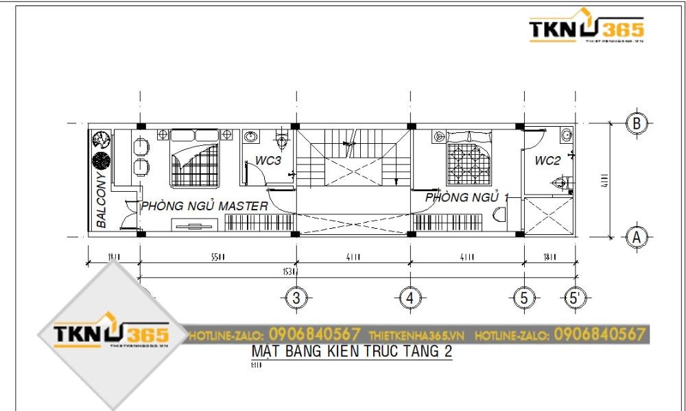 Bản vẽ mặt bằng tầng 2 nhà 5x15 2 tầng 3 phòng ngủ