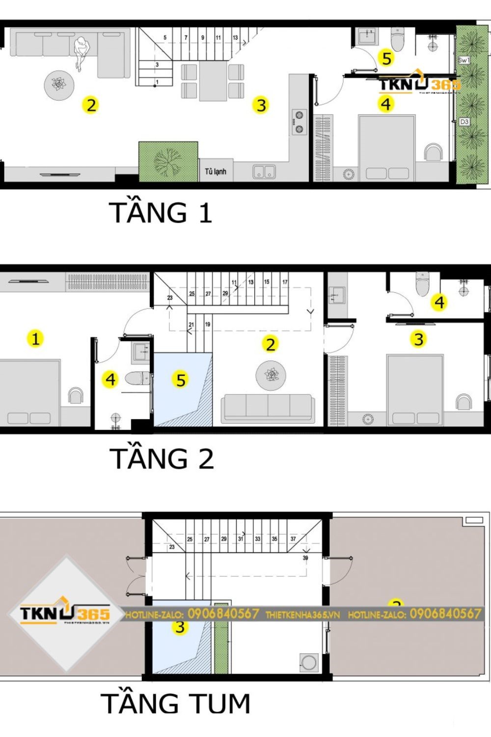 Bản vẽ nhà phố 2 tầng 3 phòng ngủ có tầng tum