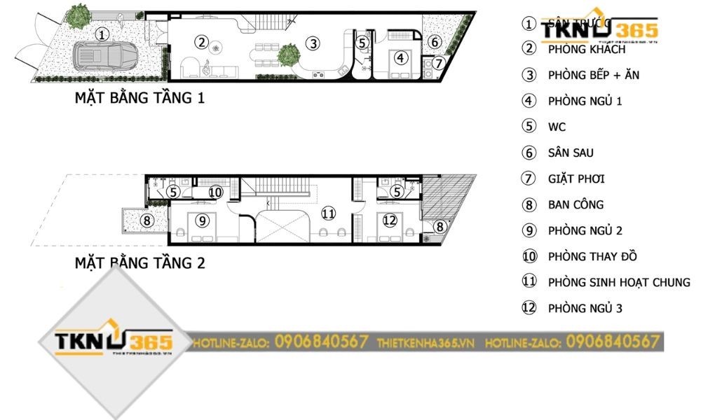 Bản vẽ thiết kế nhà 2 tầng 3 phòng ngủ 5x14