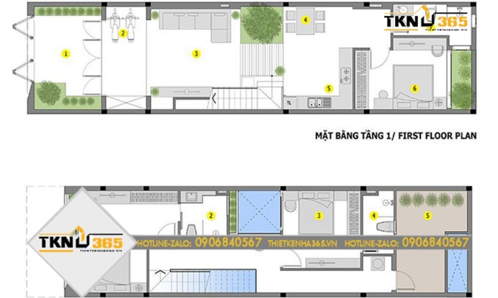 Bản vẽ nhà 2 tầng đẹp 3 phòng ngủ 5x18m