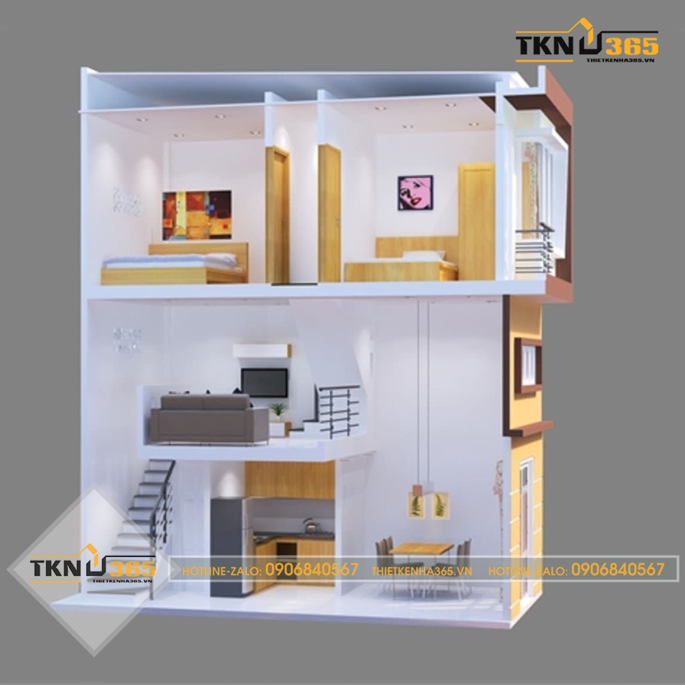 thiết kế nhà ống 1 trệt 1 lửng 1 lầu