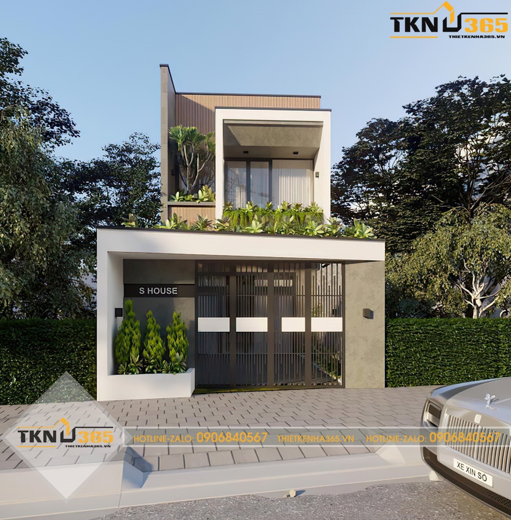 Thiết kế nhà ống 2 tầng đẹp mái bằng