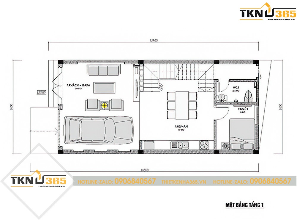Mặt bằng công năng mẫu nhà ống 2 tầng diện tích 4x18