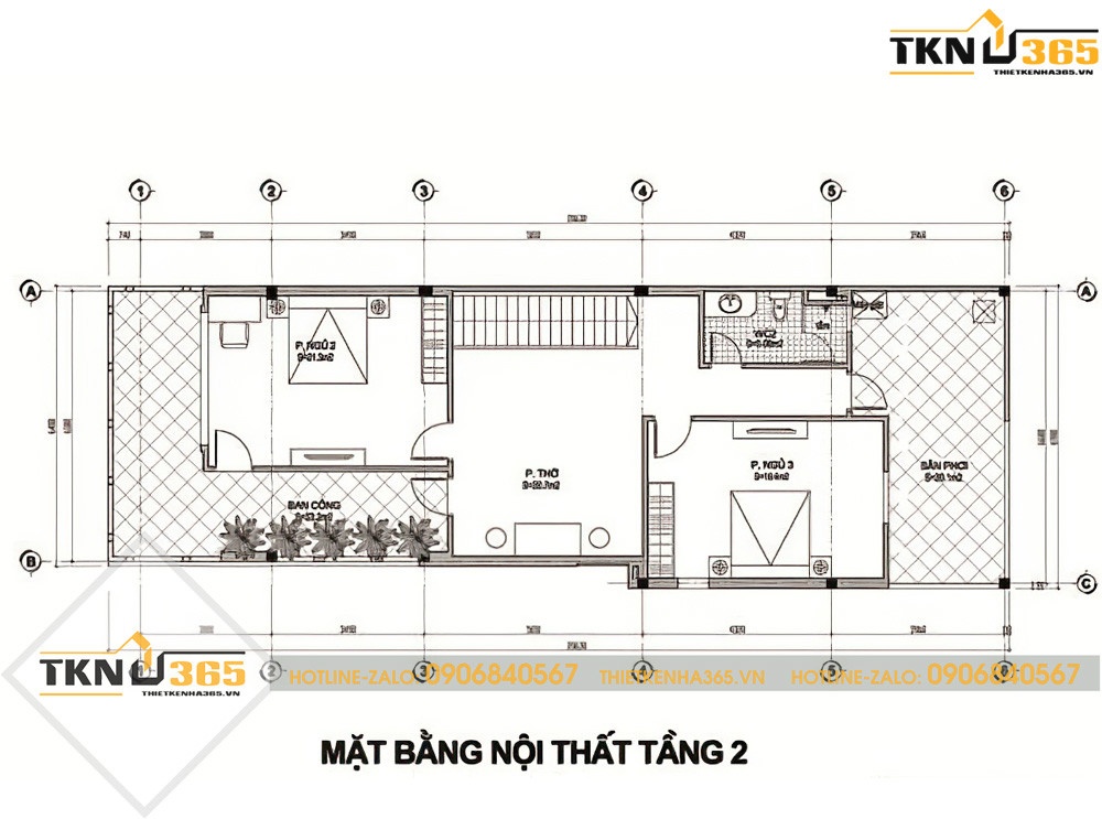 Bản vẽ thiết kế mặt bằng tầng 2 nhà ống 2 tầng có gara