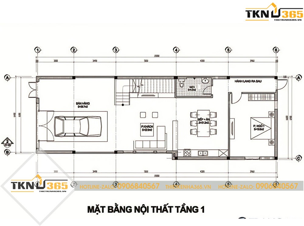 Bản vẽ thiết kế mặt bằng tầng 1 nhà ống 2 tầng có gara