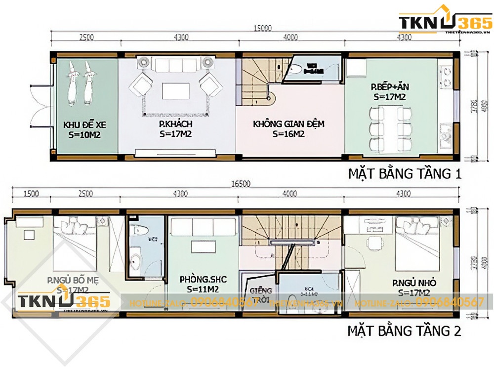 Mặt bằng công năng nhà ống 2 tầng có giếng trời 5x16