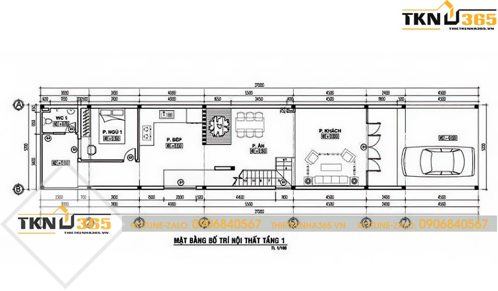 Bản vẽ công năng tầng 1 nhà ống 2 tầng