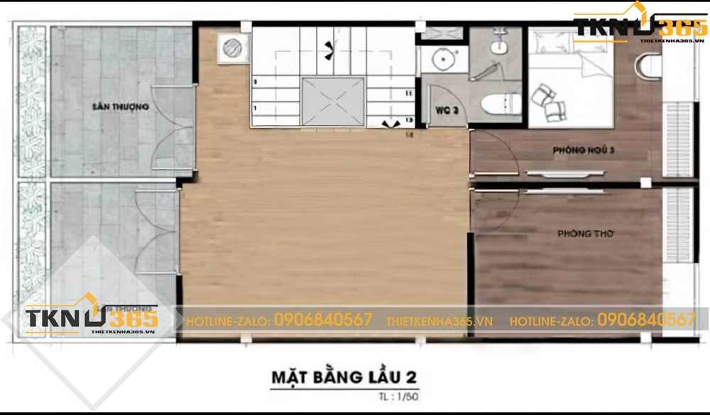 Bản vẽ mặt bằng lầu 2 (tầng tum) với sân thượng lớn