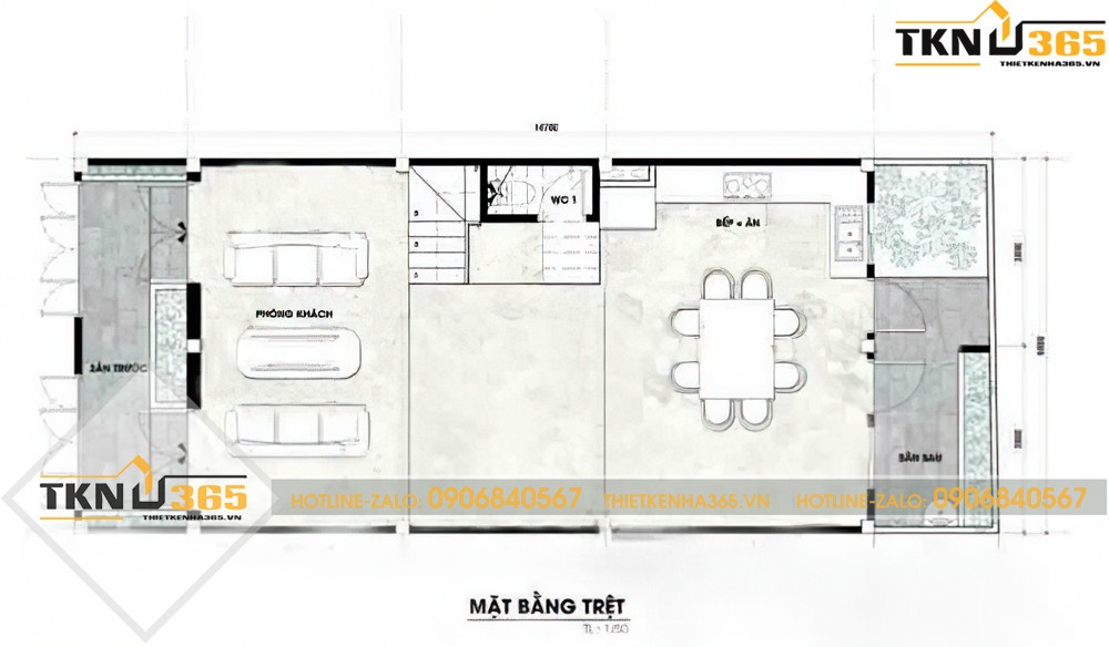 Bản vẽ mặt bằng tầng trệt nhà ống 2 tầng 1 tum