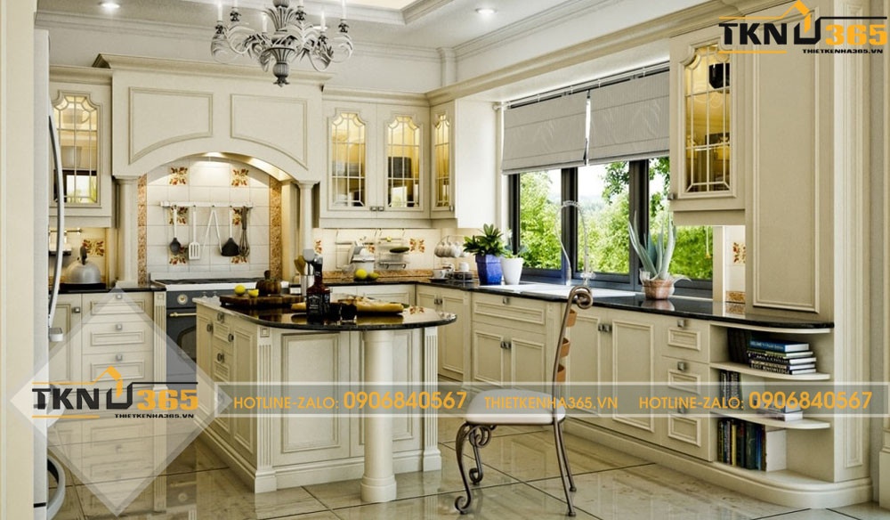 Phòng bếp cầu kỳ với hệ thống tủ gỗ cực đẹp