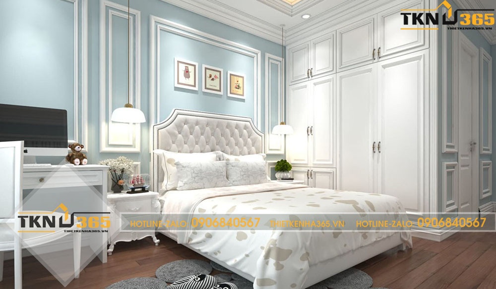 Phòng ngủ màu xanh nhẹ kết hợp với hệ thống tủ kịch trần màu trắng