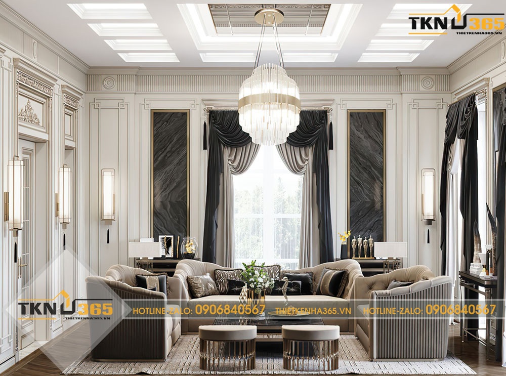 Phòng khách được thiết kế theo phong cách tân cổ điển