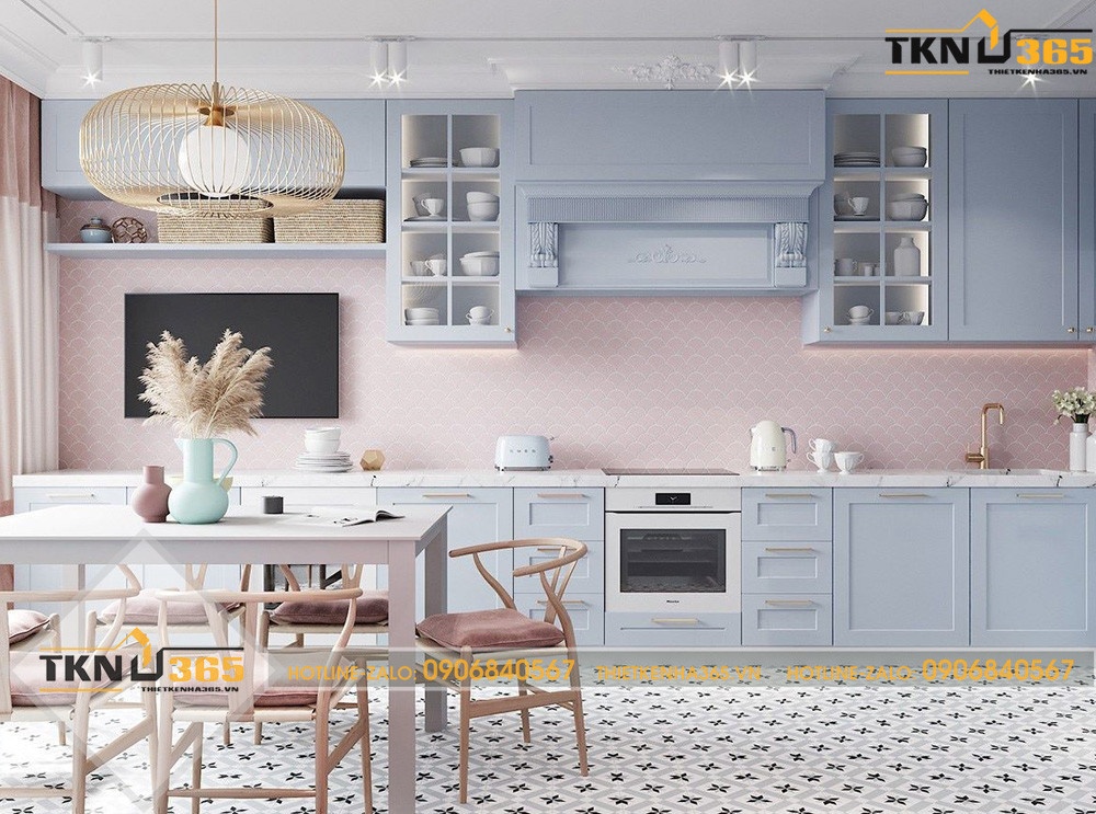 Phòng bếp đẹp màu hồng và xanh pastel nhẹ nhàng, ngọt ngào