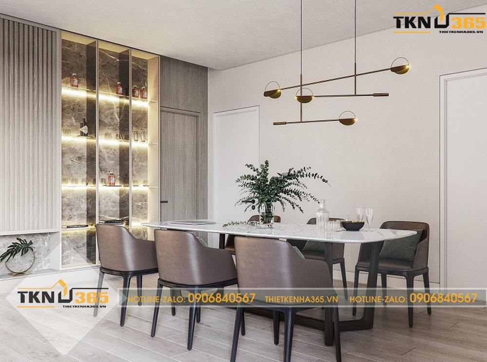 Phòng ăn có thiết kế hiện đại với hệ thống đèn tủ đẹp lung linh