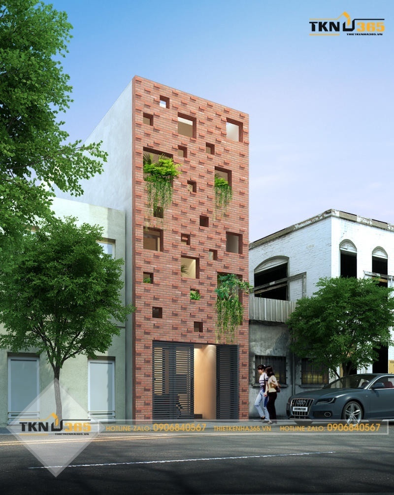 Mẫu nhà ngang hẹp 3m tường gạch lạ mắt nhiều cây xanh