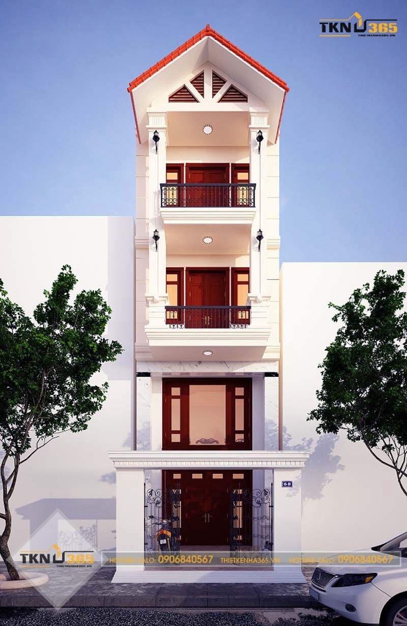 Mẫu nhà ngang hẹp 3m mái nhọn có ban công