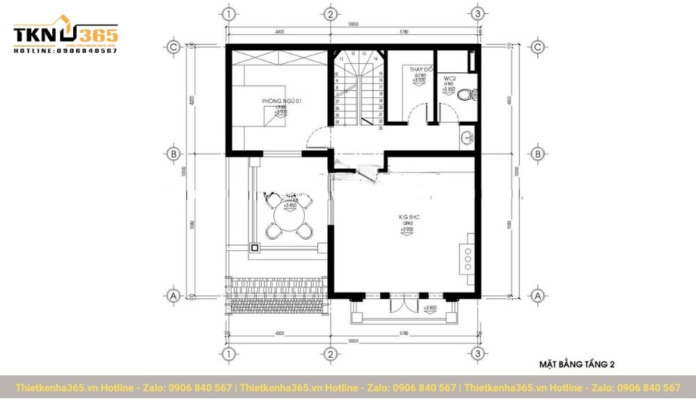 Mặt bằng tầng 2 nhà vuông 10x10m
