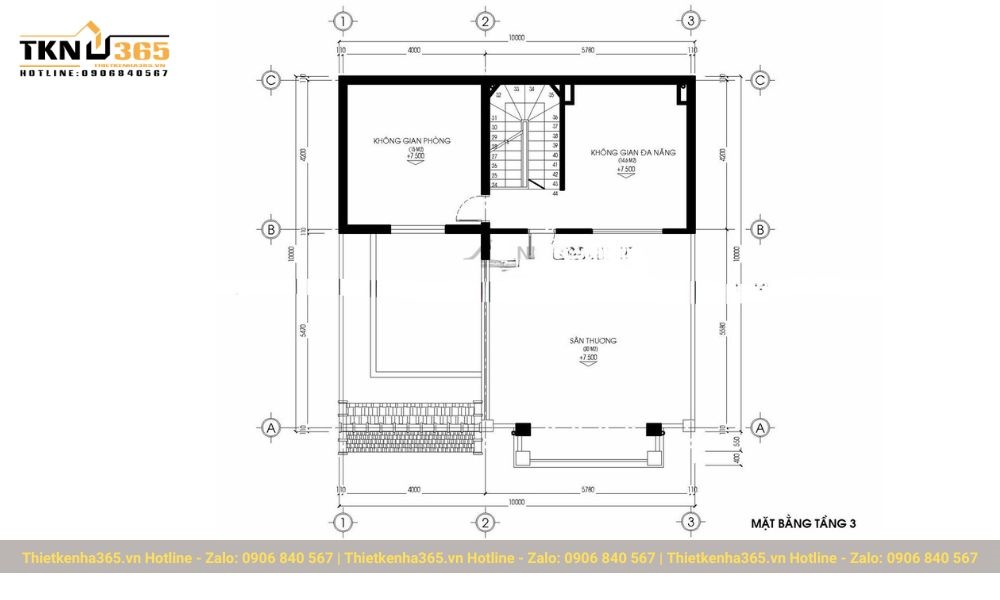 Mặt bằng tầng 3 nhà vuông 10x10m
