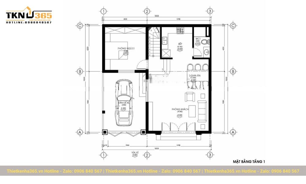 Bản vẽ thiết kế tầng 1 nhà 10x10m
