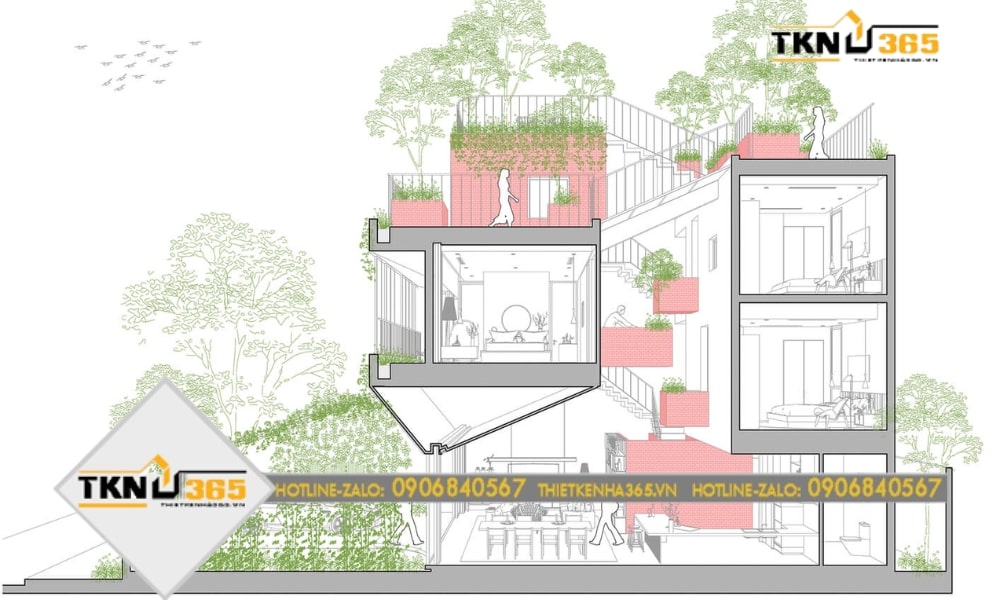 Mặt bằng nhà lệch tầng 3 phòng ngủ
