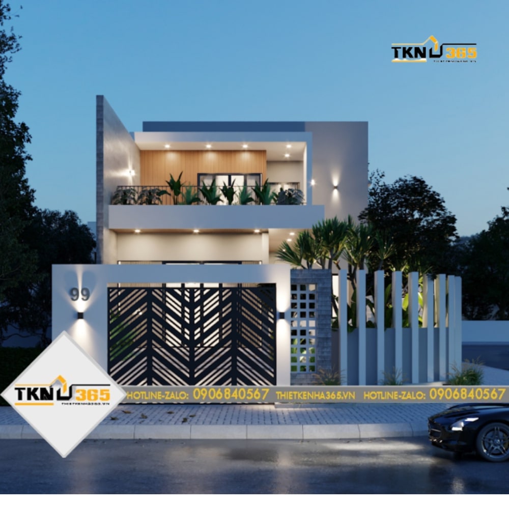 Mẫu nhà phố 2 tầng đẹp hiện đại với hàng rào xây bo cong đẹp mắt