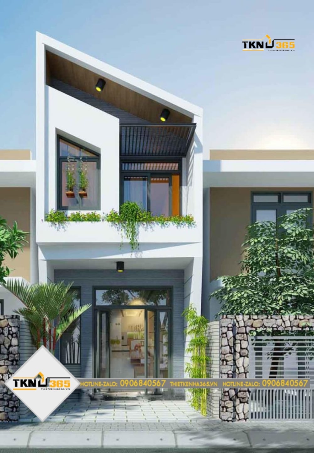 Mặt đứng nhà 2 tầng đẹp mái lệch